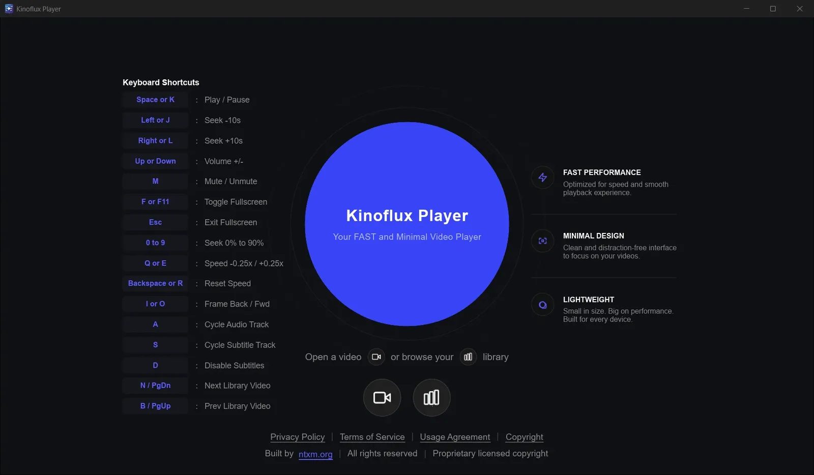 KinoFlux Player home screen after a successful install, showing recent local videos.