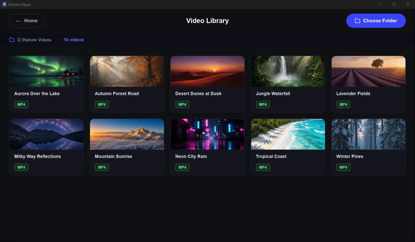KinoFlux Player library view listing local video files in a dark UI.