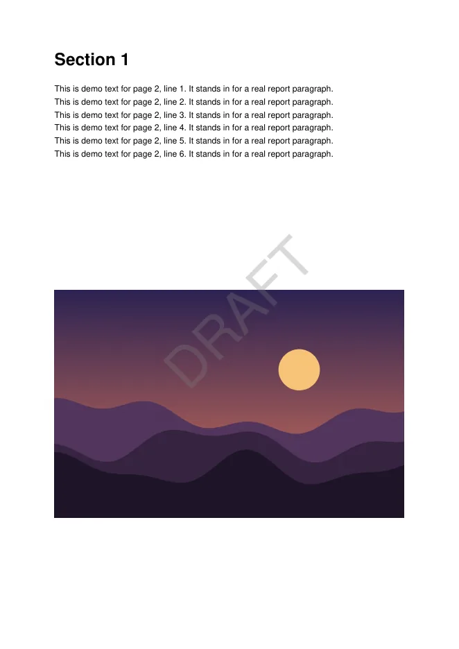 Page 2 of the watermarked report: a grey diagonal DRAFT over the text and picture.