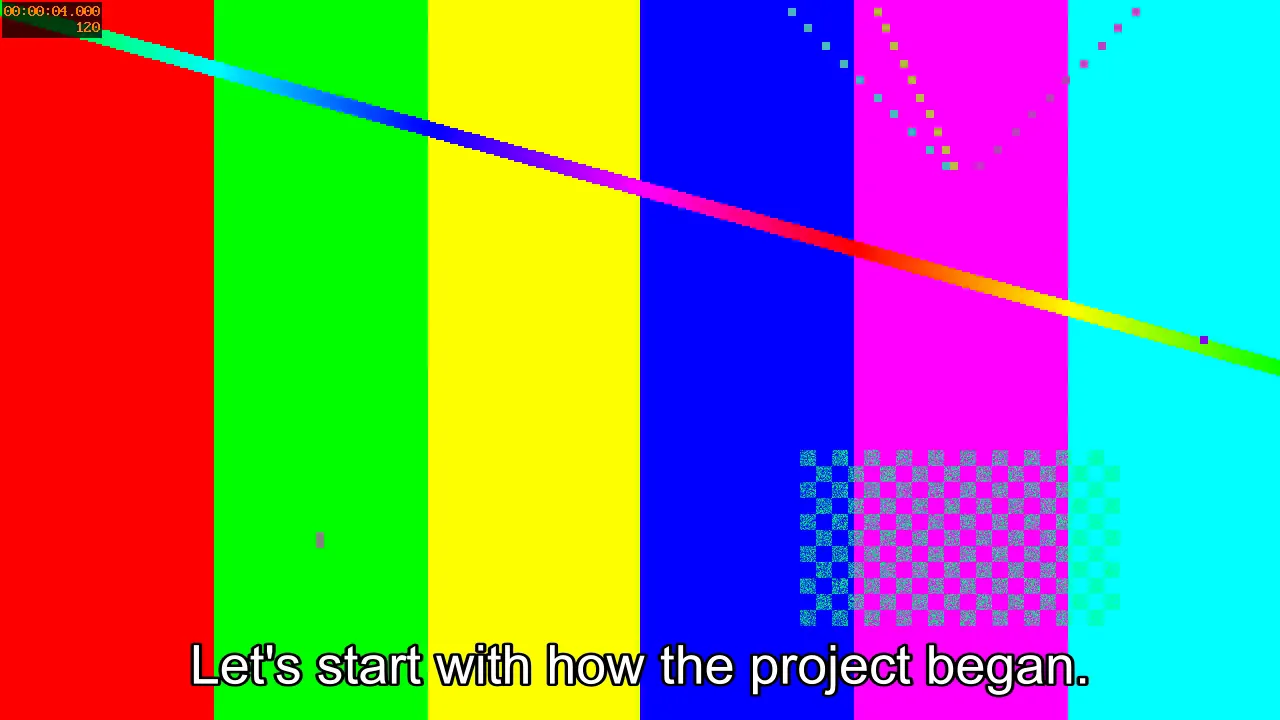 A frame of the burned-in result: white subtitle text "Let's start with how the project began." at the bottom of the demo picture.