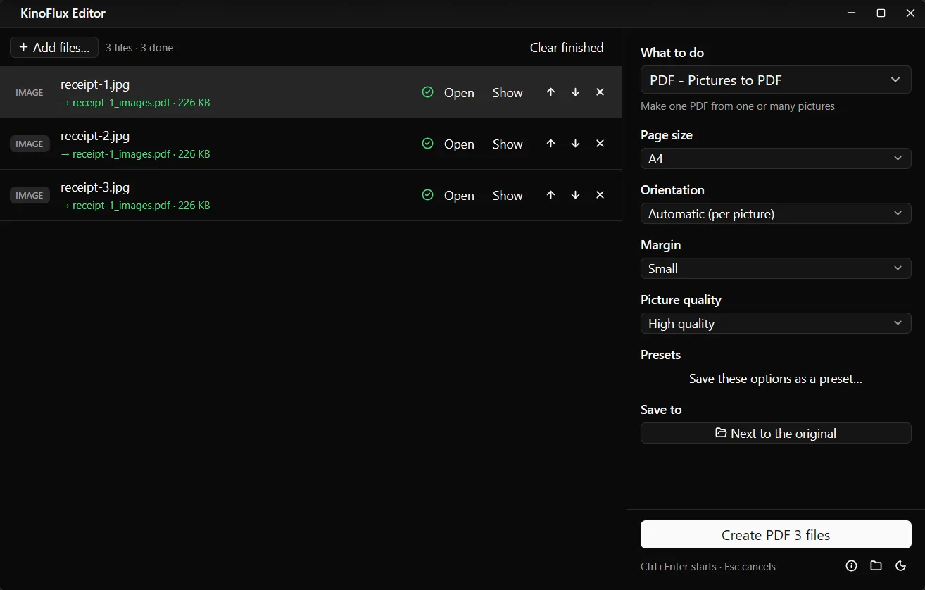 The file list after the run: all three receipts show receipt-1_images.pdf, 226 KB.