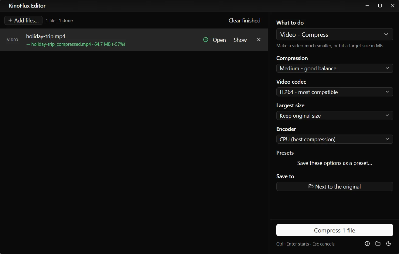 The result of a Medium run on the same clip: holiday-trip_compressed.mp4 at 64.7 MB, 57 percent smaller.