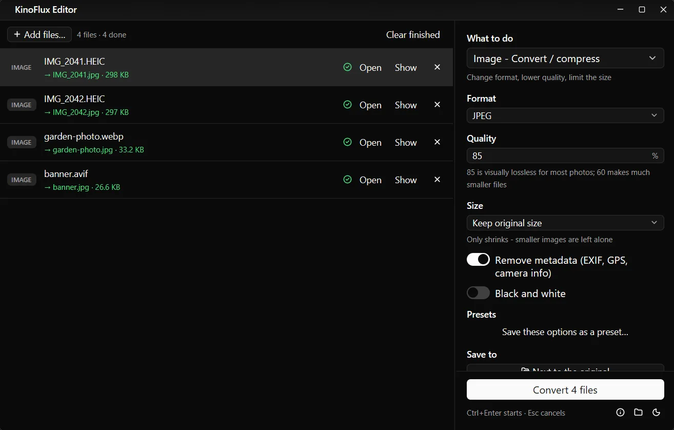 The file list after the run: four new JPG files next to the HEIC, WebP and AVIF originals.