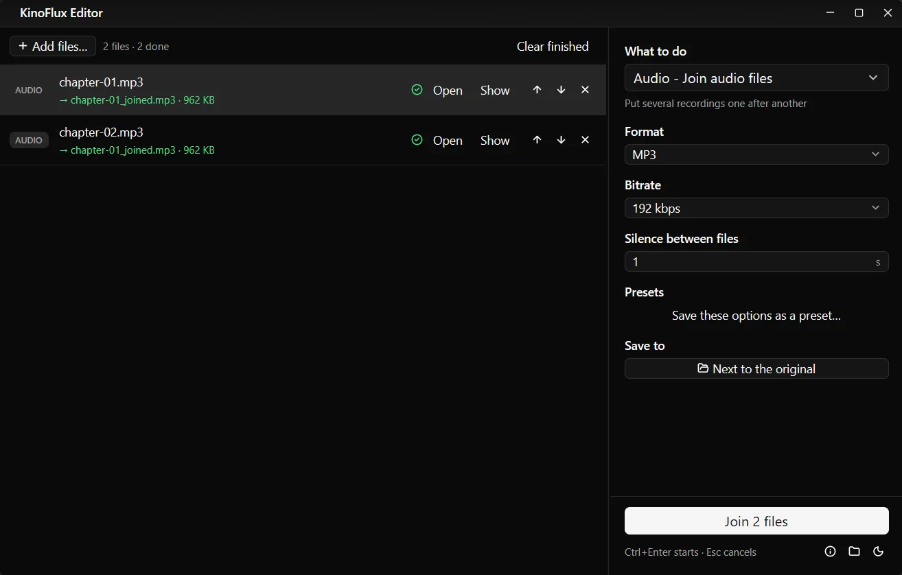 Audio - Join audio files after the run: chapter-01.mp3 and chapter-02.mp3 joined into chapter-01_joined.mp3.
