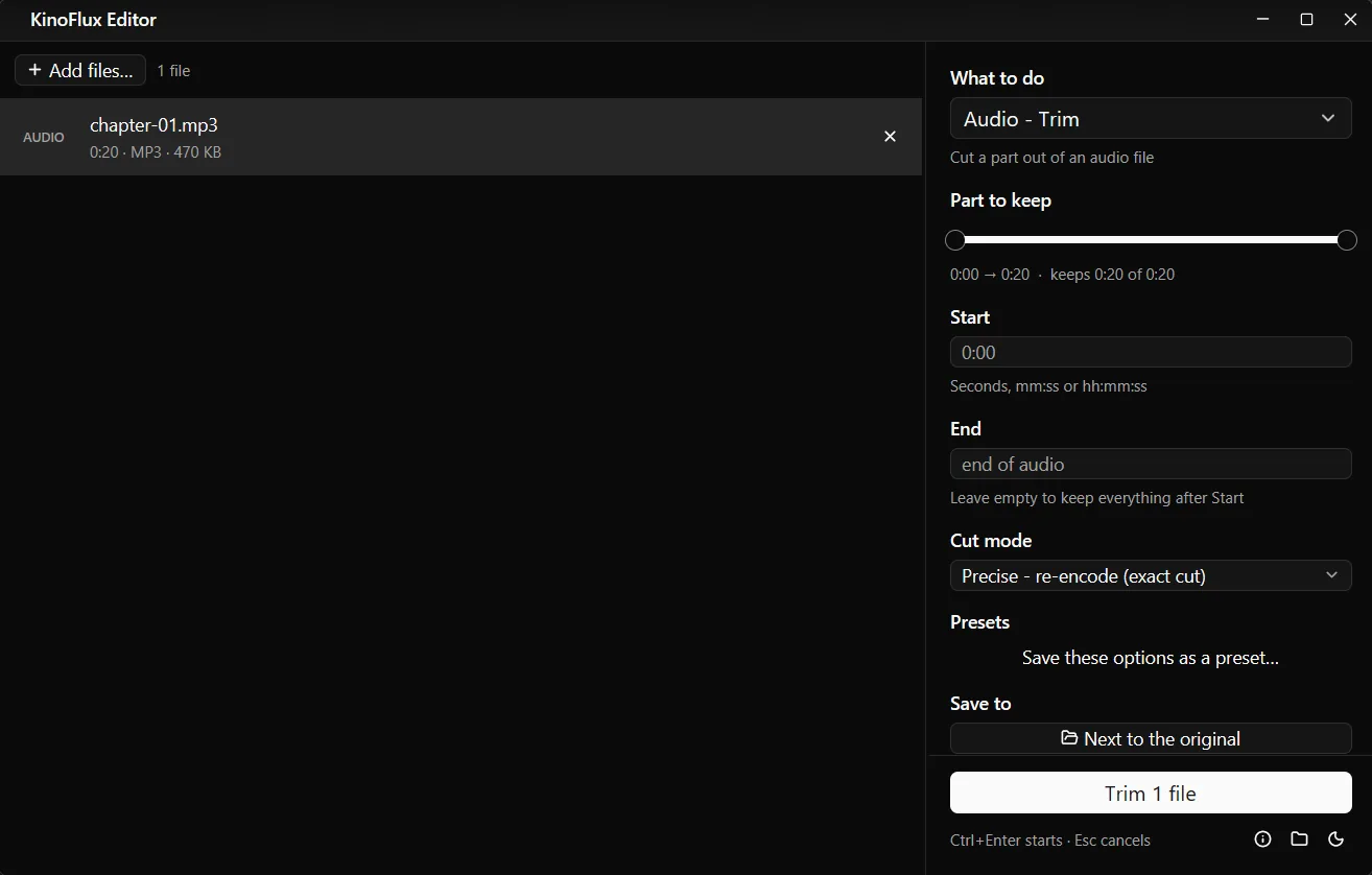 Audio - Trim with Start 0:02, End 0:15 and Cut mode Precise. chapter-01.mp3 is in the list.