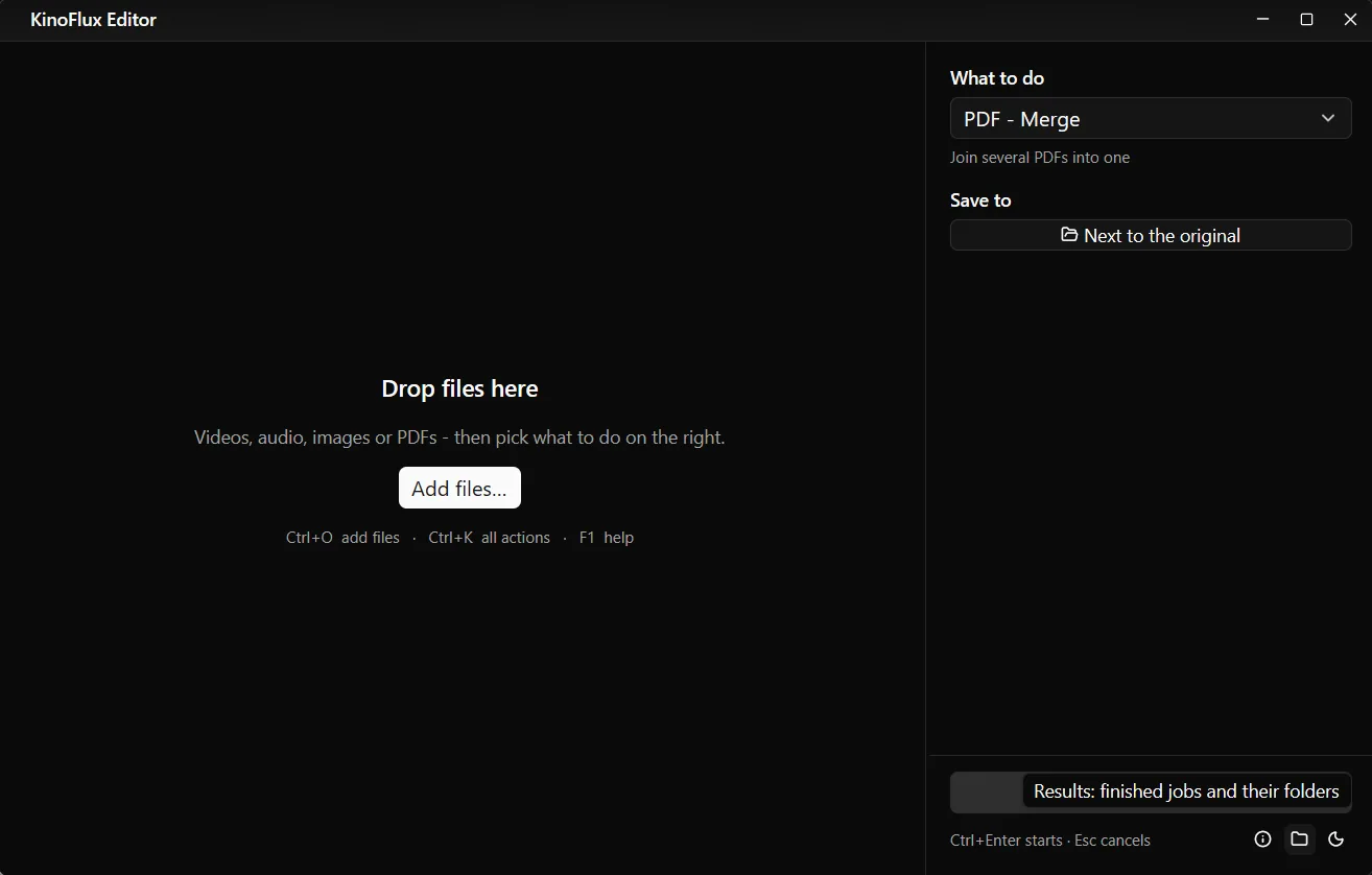 The KinoFlux Editor main window before any files are added. A large "Drop files here" message and an Add files button fill the left side. The right panel shows the PDF - Merge action.