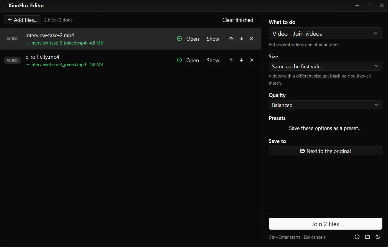 The finished join: interview-take-2_joined.mp4 at 4.8 MB in the file list.