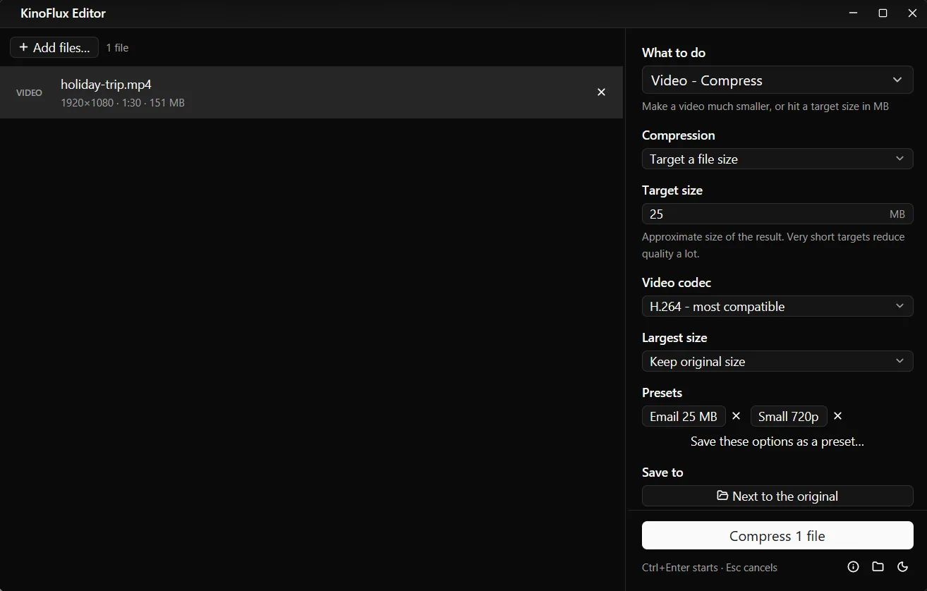 The Video - Compress panel with Target a file size at 25 MB. Under Presets there are two chips, Email 25 MB and Small 720p, and the Save these options as a preset link.