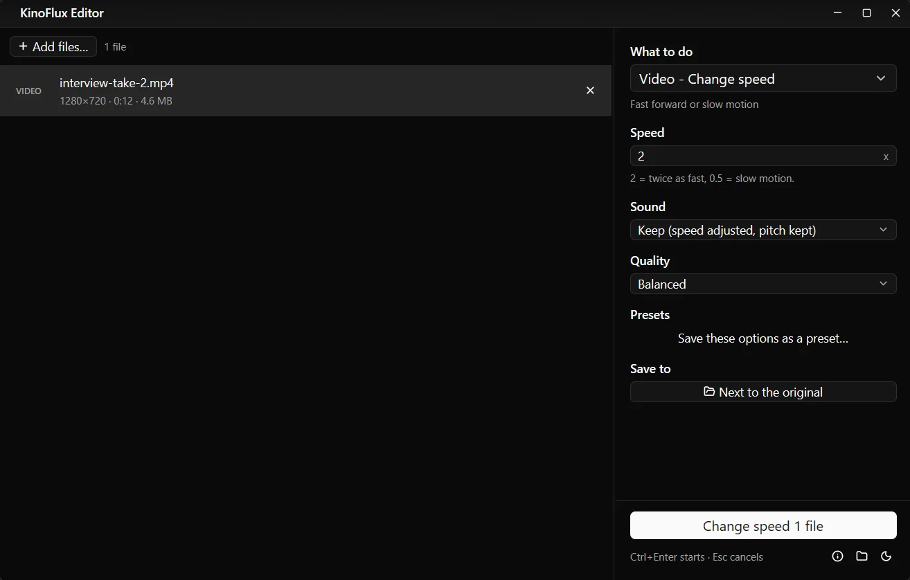 Video - Change speed with Speed 2x, Sound set to Keep (speed adjusted, pitch kept) and Quality Balanced.