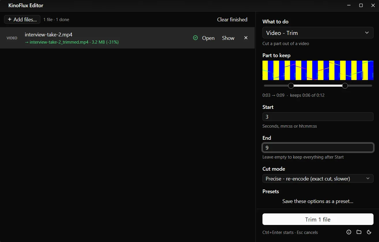 The file list after a precise trim, showing interview-take-2_trimmed.mp4 at 3.2 MB.