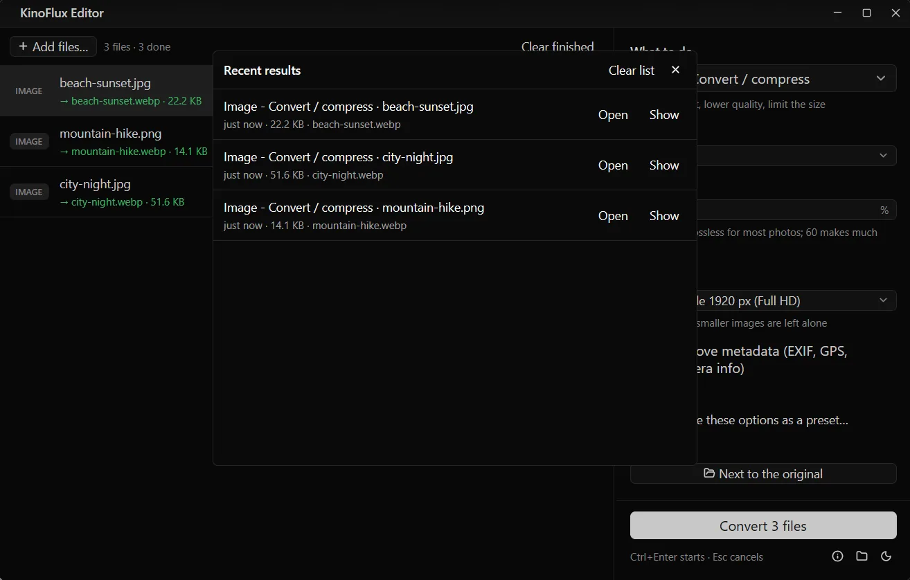 The Recent results window over the file list, showing three finished image conversions with Open and Show links and a Clear list button.