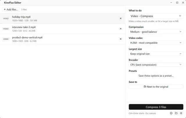 KinoFlux Editor in the light theme.