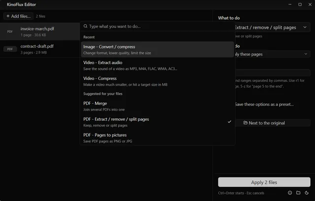 The Ctrl+K action picker in KinoFlux Editor.
