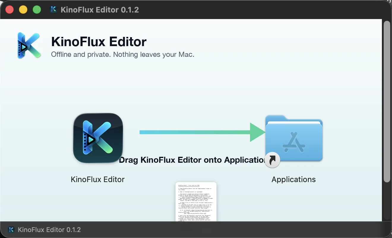 The KinoFlux Editor disk image window: drag the app onto the Applications folder.