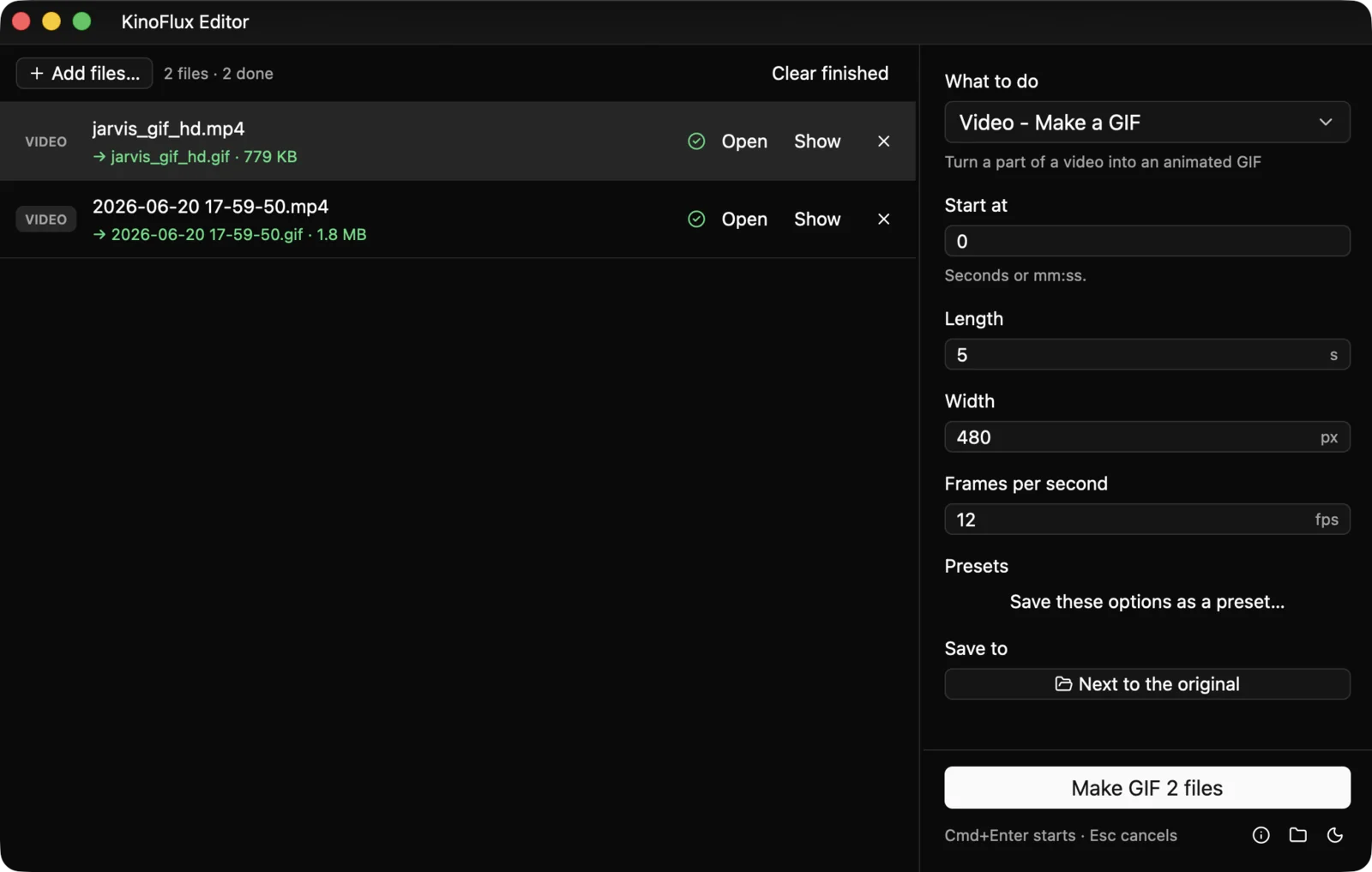 Two videos converted to GIF on macOS; each row shows the output file name and size.