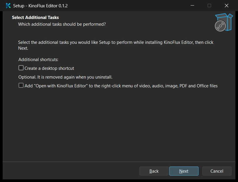 The setup wizard's optional tasks page: desktop icon and right-click Open with entries.