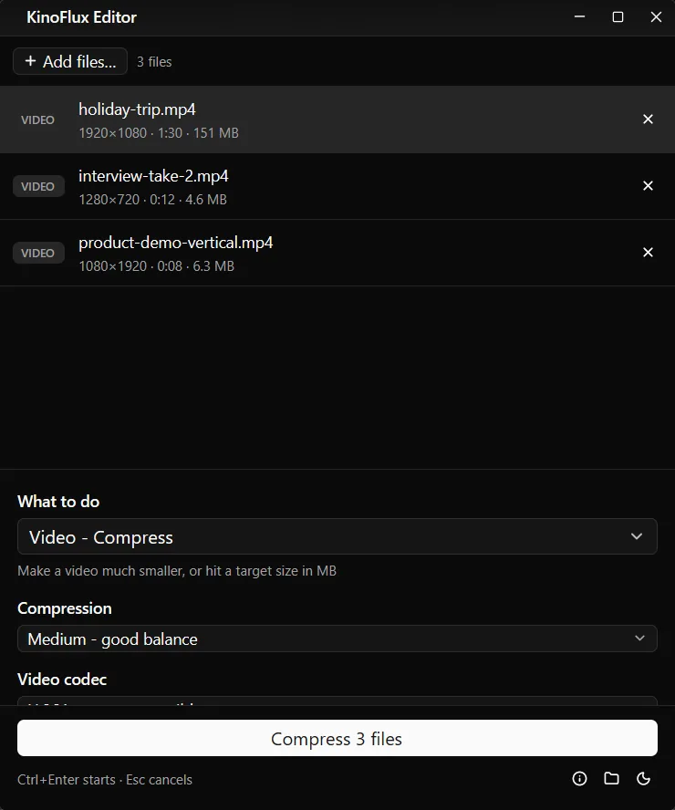 KinoFlux Editor in a narrow window: the file list and the options panel are stacked.