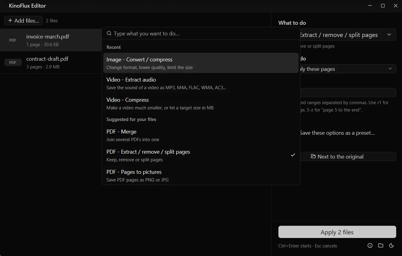 The Ctrl+K action picker listing PDF tools such as Merge, Extract pages and Pages to pictures.