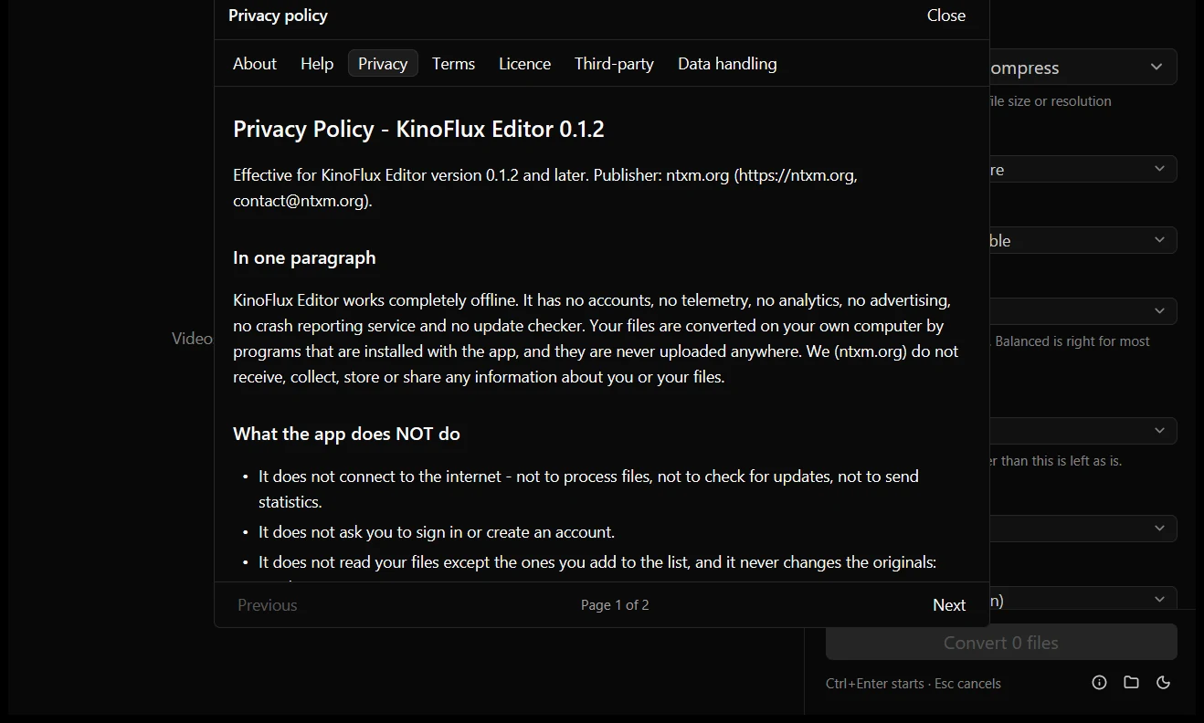 The Privacy policy page inside the app, stating that KinoFlux Editor works completely offline.