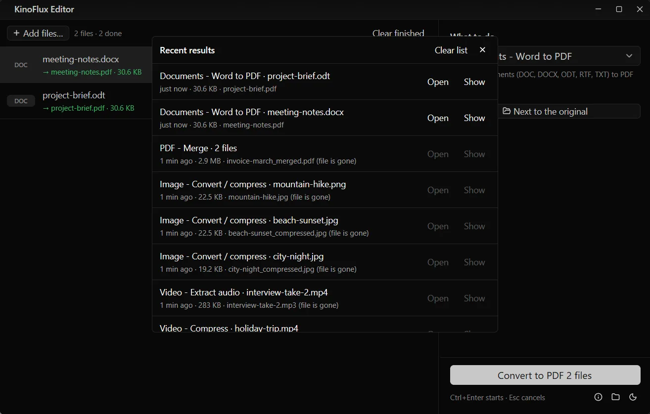 The Recent results panel listing finished jobs across Documents, PDF, Image and Video tools.