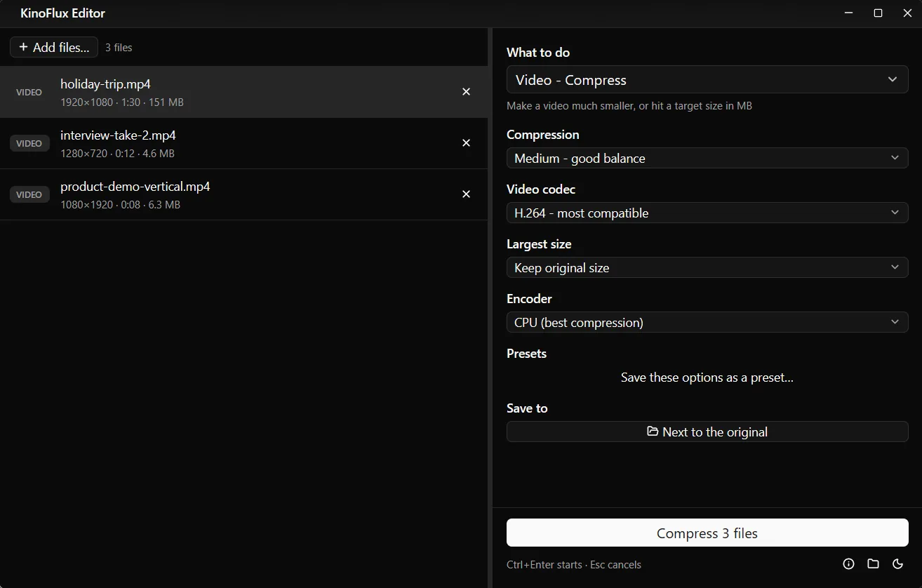 The divider between the file list and the options panel dragged to give the options more room.