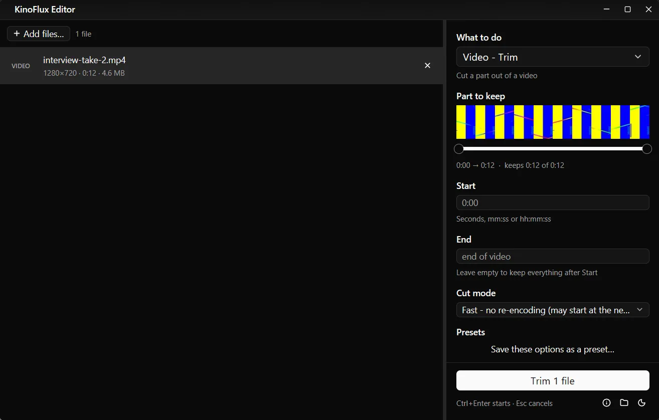 The Video Trim tool with a thumbnail strip, a two-handle range slider and Start and End fields.
