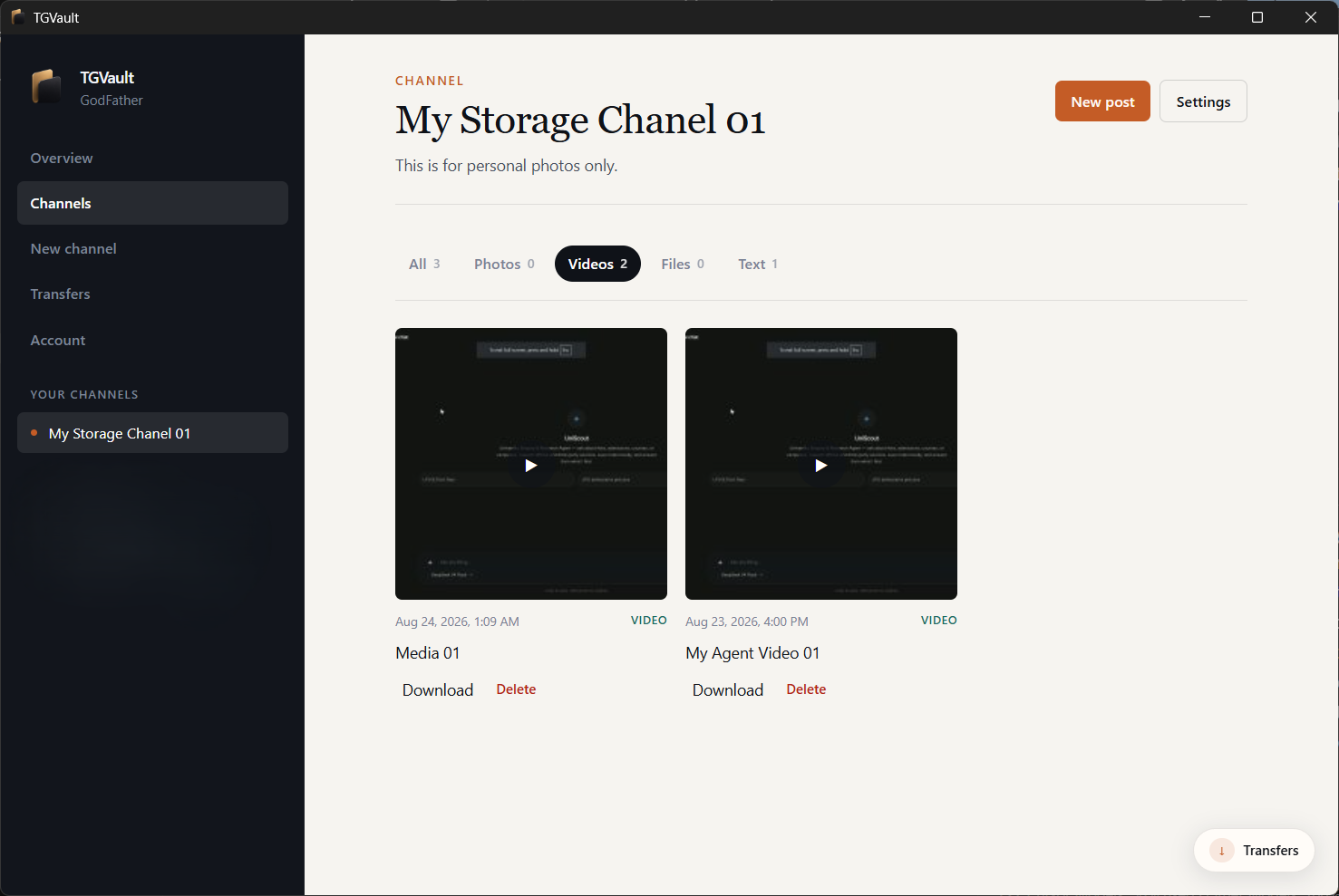Channel view with Videos filter, two video cards, Download and Delete, and a Transfers dock.