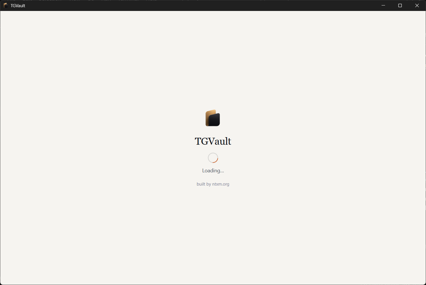 TGVault loading screen — serif wordmark, spinner, and ntxm.org credit.