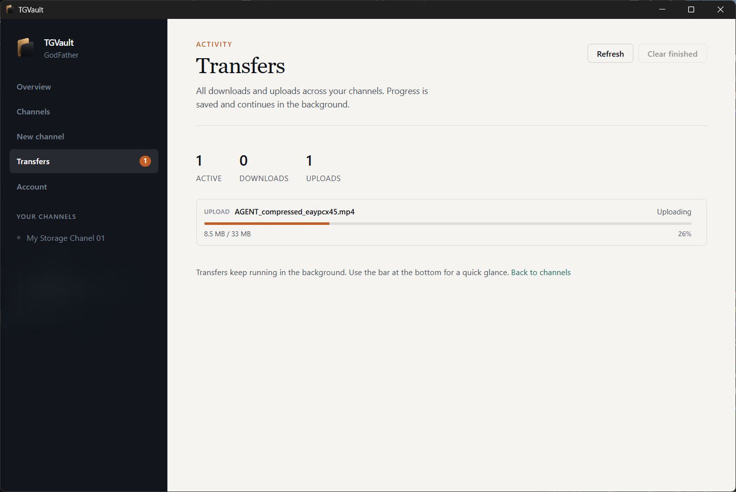 Transfers page — one active upload, 8.5 MB of 33 MB at 26%, Refresh and Clear finished.