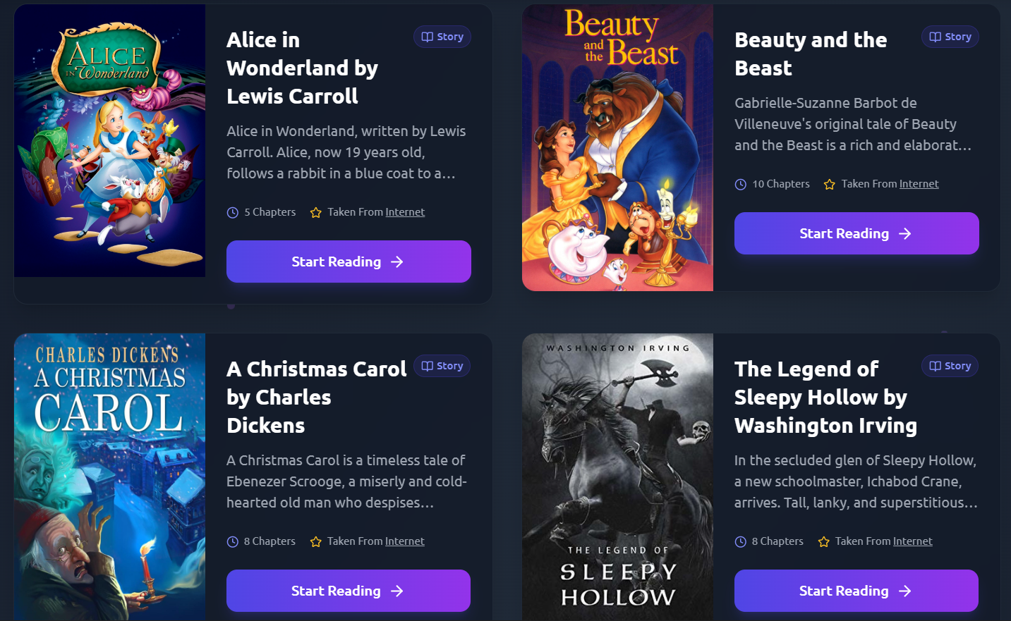 Immersive typing stories selection interface
